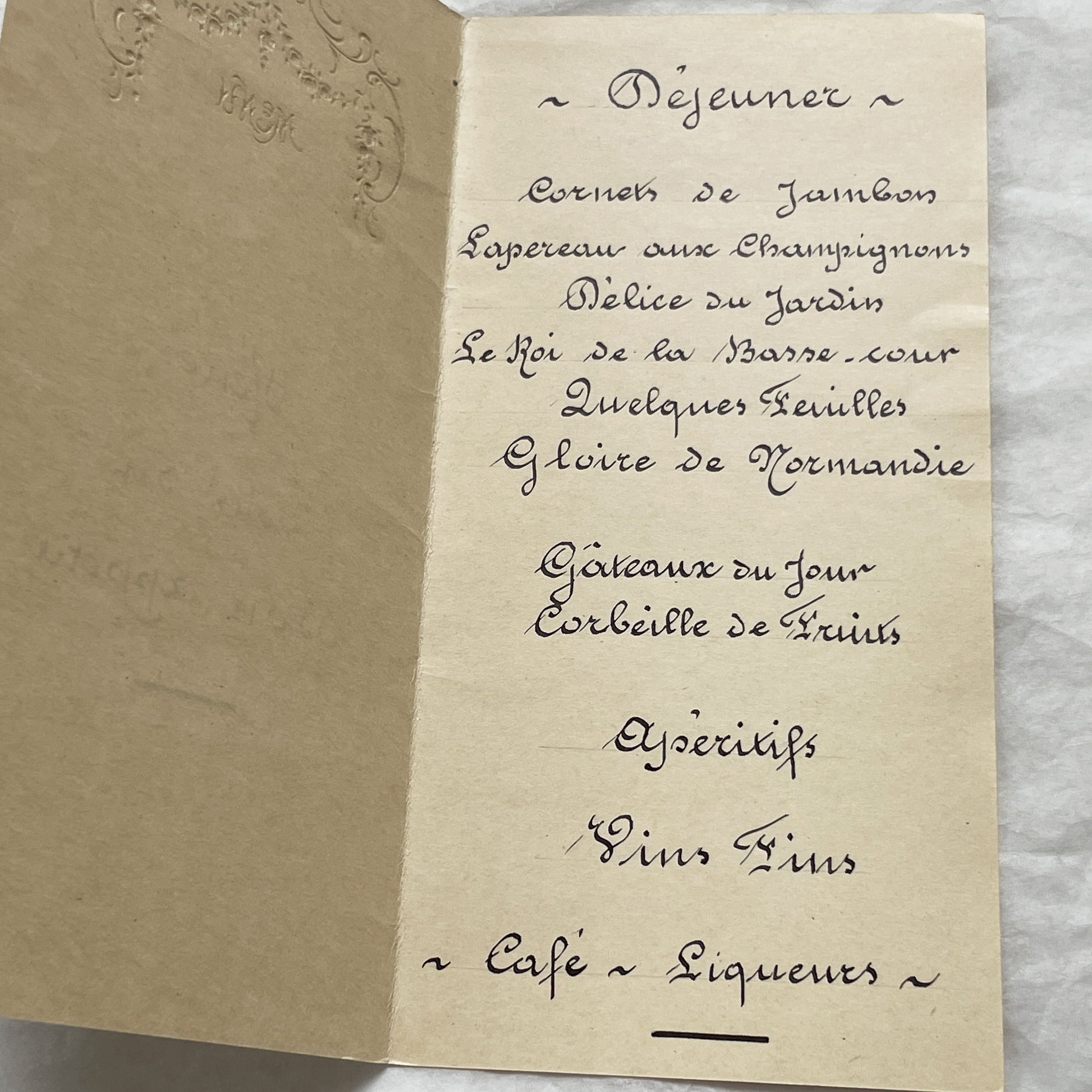 1900s - Vintage French Menu - Elegant Handwritten Meal Card - Monsieur Bernard Jeuvrin's Dinner - Historic Dining Experience