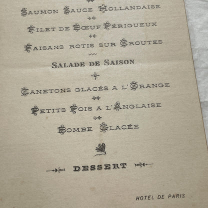 1900s - Vintage Hotel De Paris Dinner Menu - Classic French Cuisine - Exquisite Dining Experience from the Turn of the Century