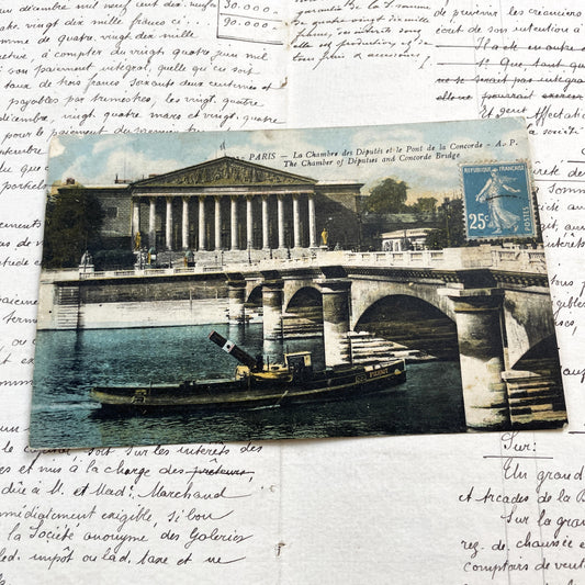 1920s - Vintage Paris Postcard - Palais Bourbon - Pont de la Concorde Bridge - Seine River Tugboat Pierrot - Belle Époque French History