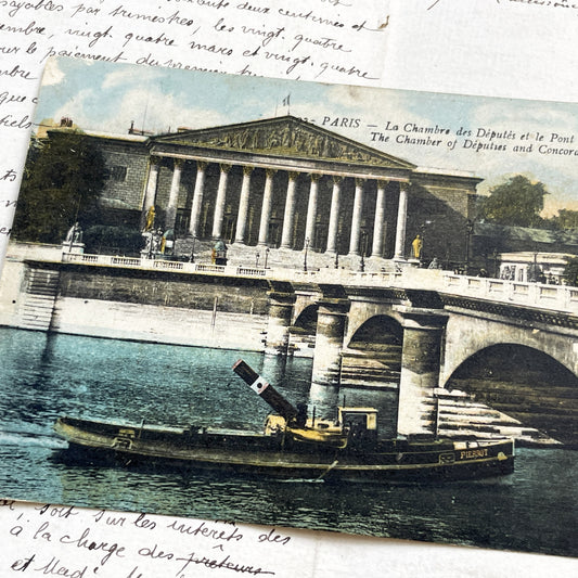 1920s - Vintage Paris Postcard - Palais Bourbon - Pont de la Concorde Bridge - Seine River Tugboat Pierrot - Belle Époque French History