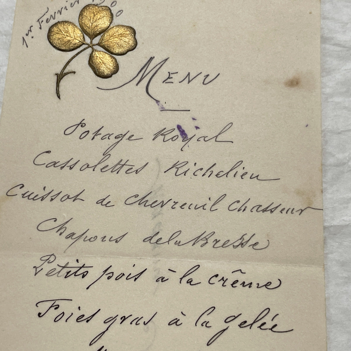 1900s - Exquisite Handwritten French Menu Card from 1900 - Elegant Culinary History Documenting a Lavish Dinner Event