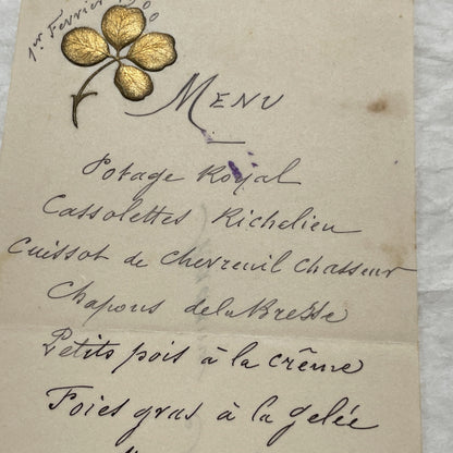 1900s - Exquisite Handwritten French Menu Card from 1900 - Elegant Culinary History Documenting a Lavish Dinner Event