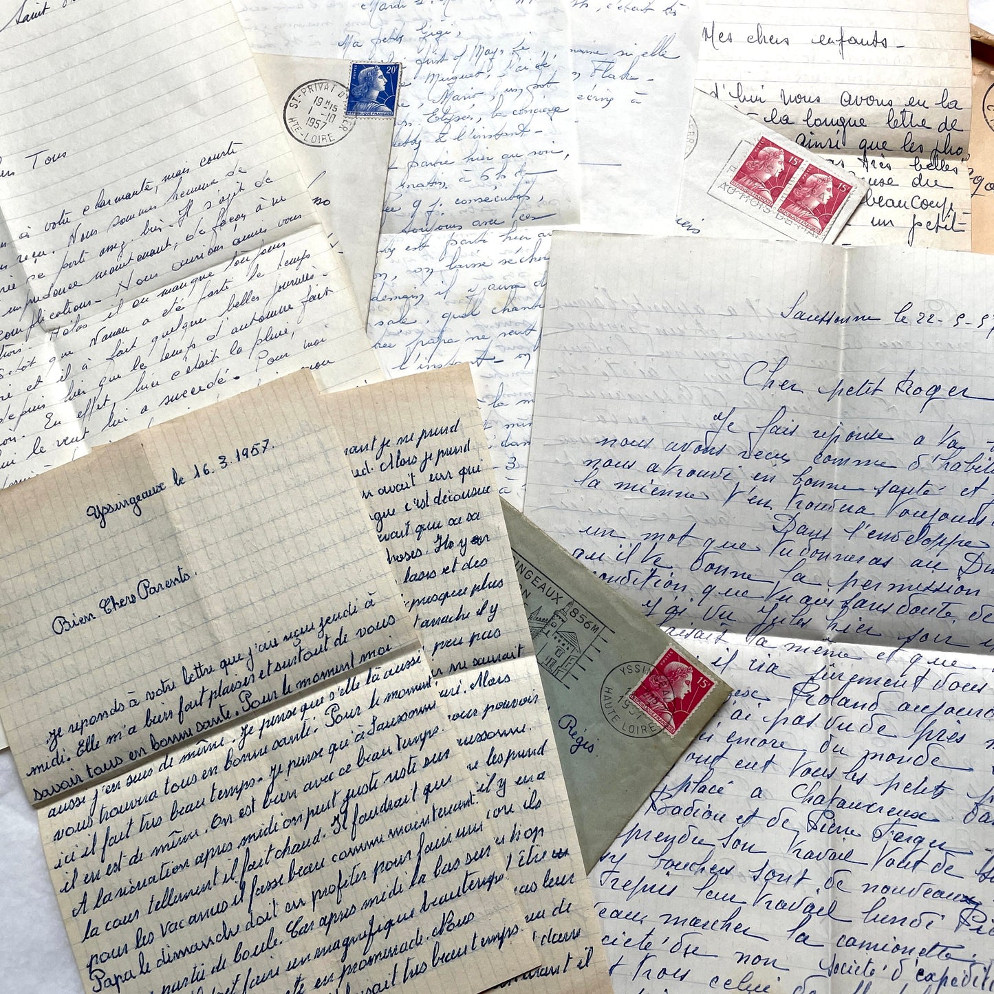 1950s French handwritten letters lot with envelopes and postage stamps, vintage paper ephemera collection.