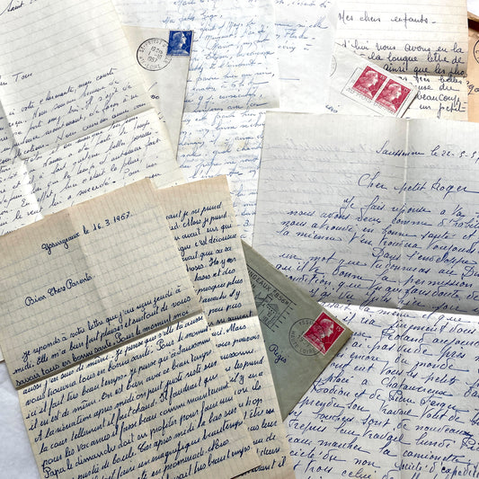 1950s French handwritten letters lot with envelopes and postage stamps, vintage paper ephemera collection.