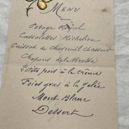 1900s - Exquisite Handwritten French Menu Card from 1900 - Elegant Culinary History Documenting a Lavish Dinner Event