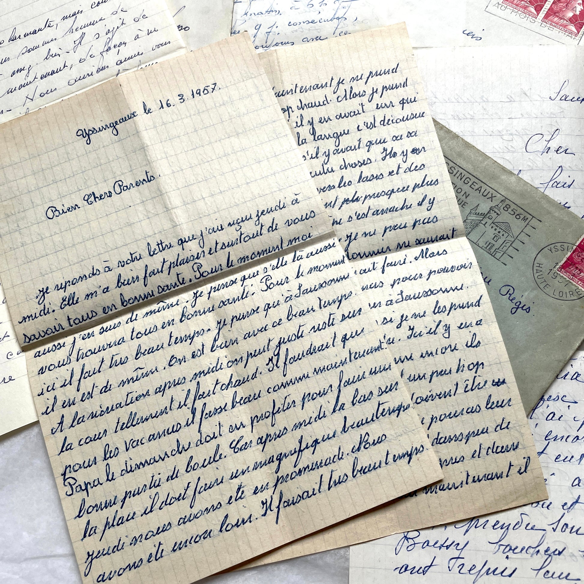 1950s French handwritten letters lot with envelopes and postage stamps, vintage paper ephemera collection.