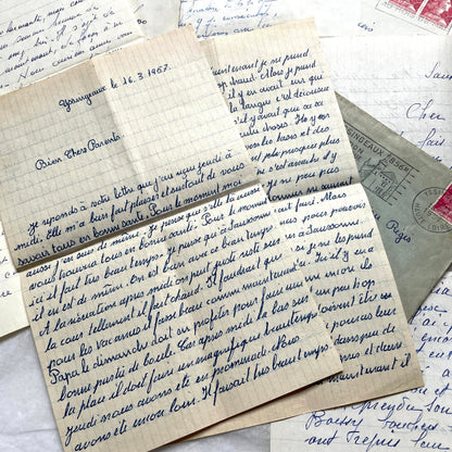 1950s French handwritten letters lot with envelopes and postage stamps, vintage paper ephemera collection.