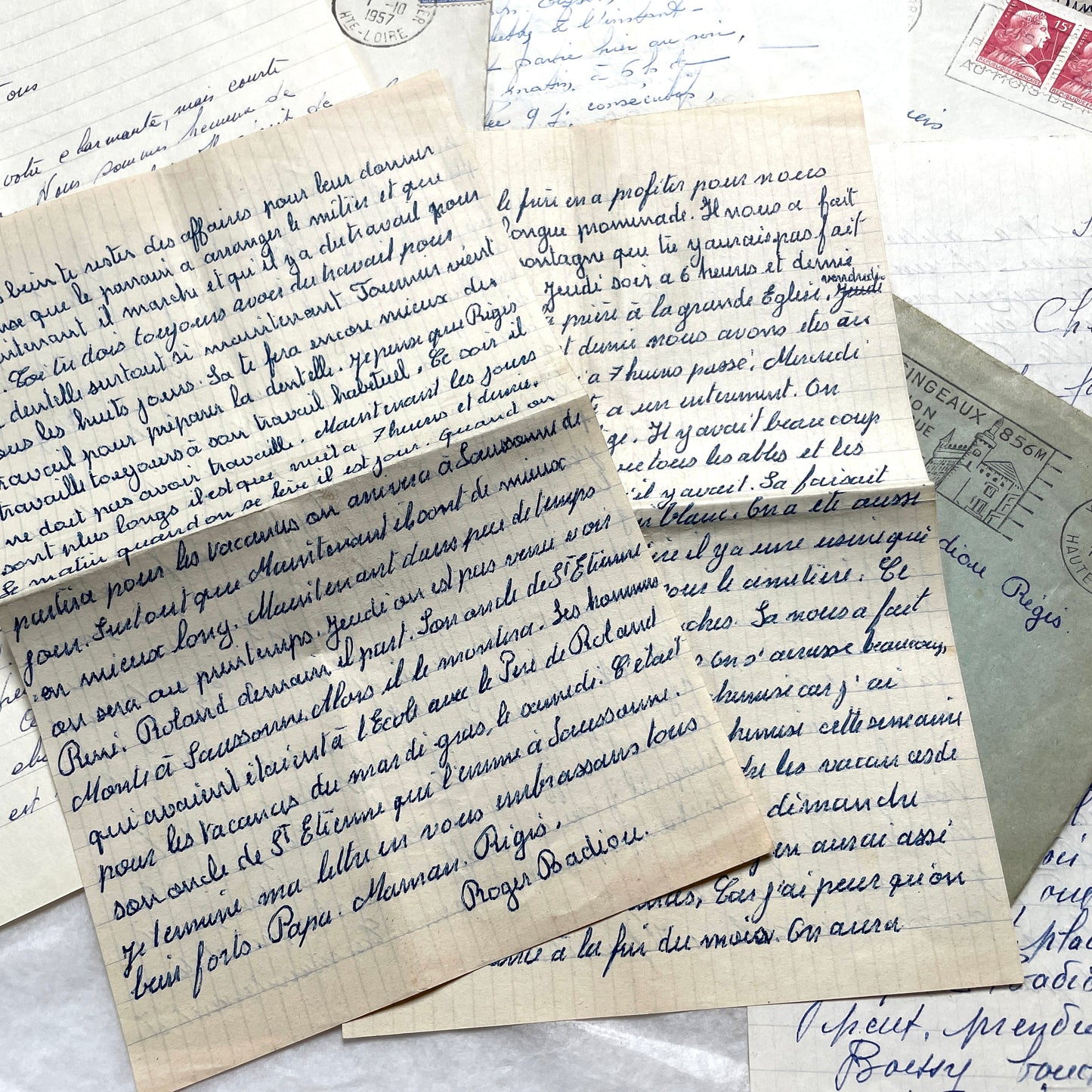 1950s French handwritten letters lot with envelopes and postage stamps, vintage paper ephemera collection.