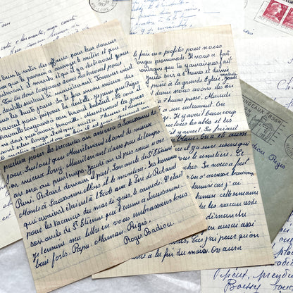 1950s French handwritten letters lot with envelopes and postage stamps, vintage paper ephemera collection.