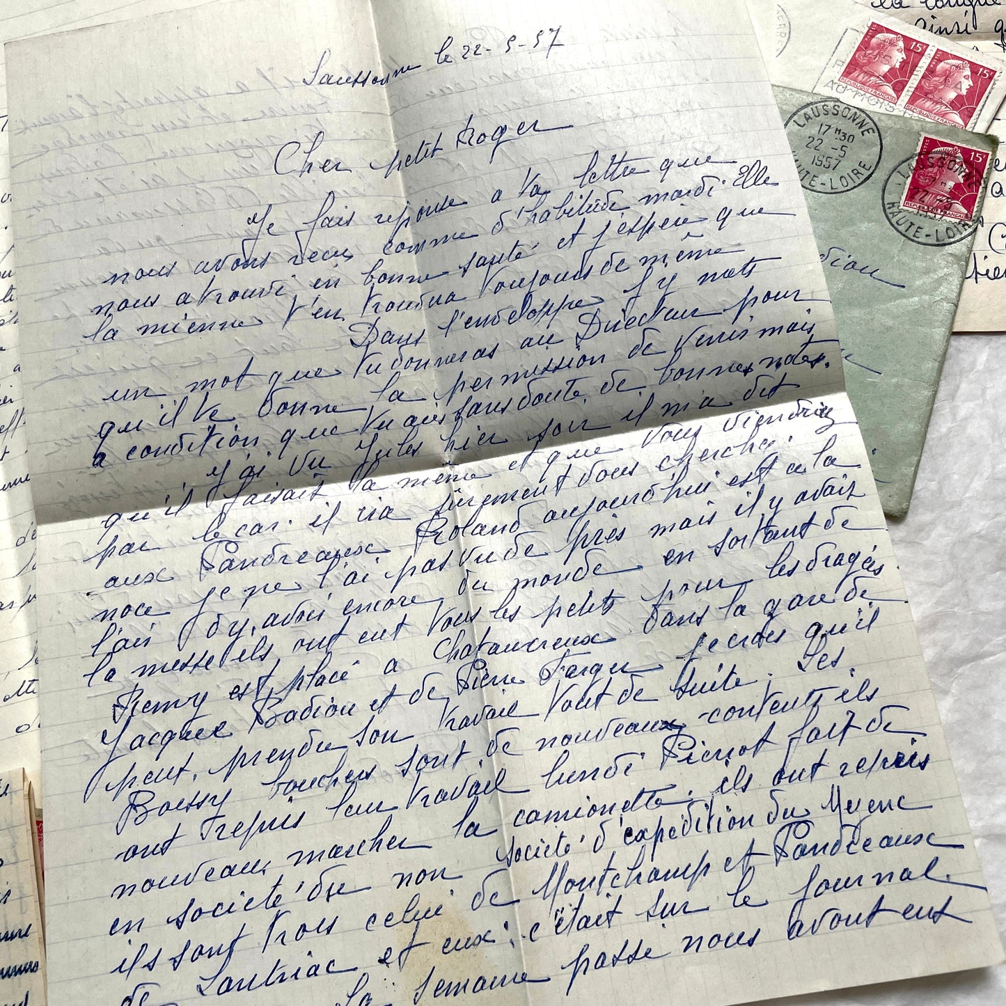1950s French handwritten letters lot with envelopes and postage stamps, vintage paper ephemera collection.