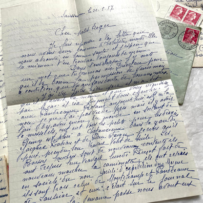 1950s French handwritten letters lot with envelopes and postage stamps, vintage paper ephemera collection.