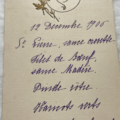 1900s - Vintage French Menu Card - Elegant 1906 Dinner Event - Historical Fine Dining Cuisine - Hand-Written Details - Special Occasion Meal
