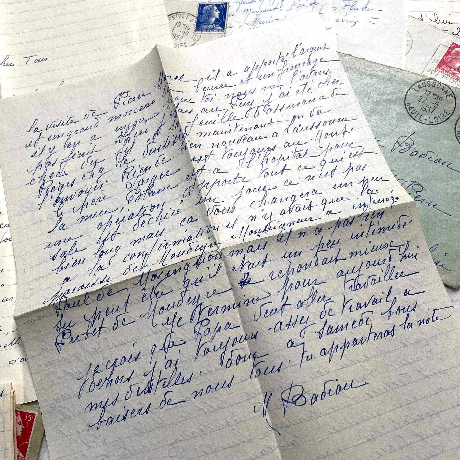 1950s French handwritten letters lot with envelopes and postage stamps, vintage paper ephemera collection.