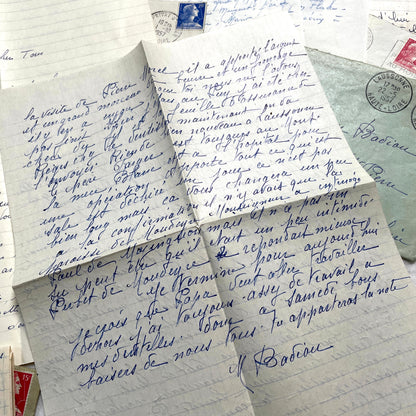1950s French handwritten letters lot with envelopes and postage stamps, vintage paper ephemera collection.