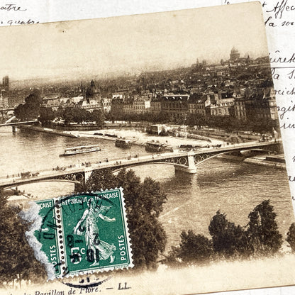 1910s - Antique Paris Postcard - Sepia View of Seine River From Pavillon De Flore - Historic French Cityscape - Vintage Parisian Collectible
