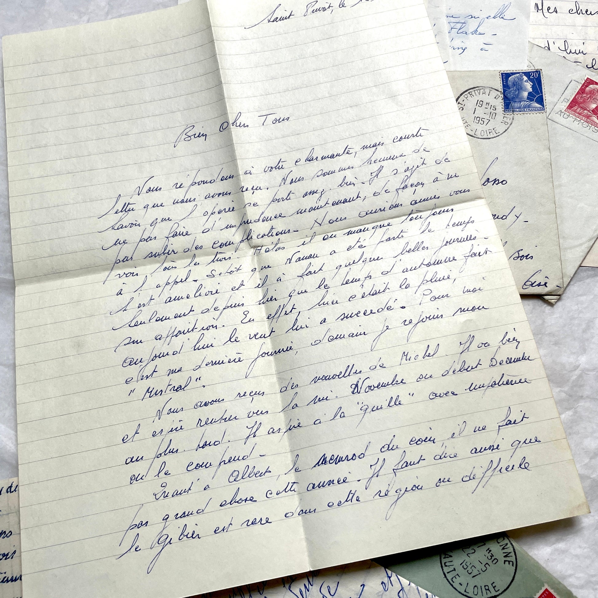 1950s French handwritten letters lot with envelopes and postage stamps, vintage paper ephemera collection.