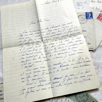 1950s French handwritten letters lot with envelopes and postage stamps, vintage paper ephemera collection.