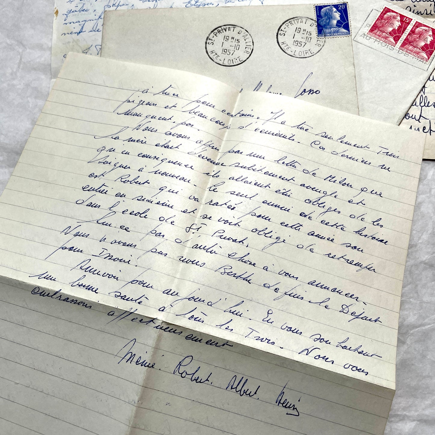 1950s French handwritten letters lot with envelopes and postage stamps, vintage paper ephemera collection.
