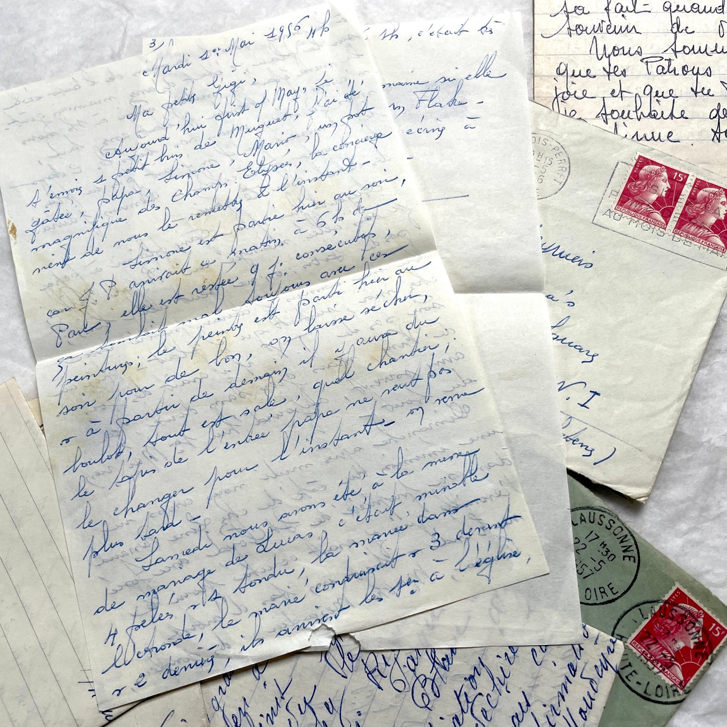 1950s French handwritten letters lot with envelopes and postage stamps, vintage paper ephemera collection.