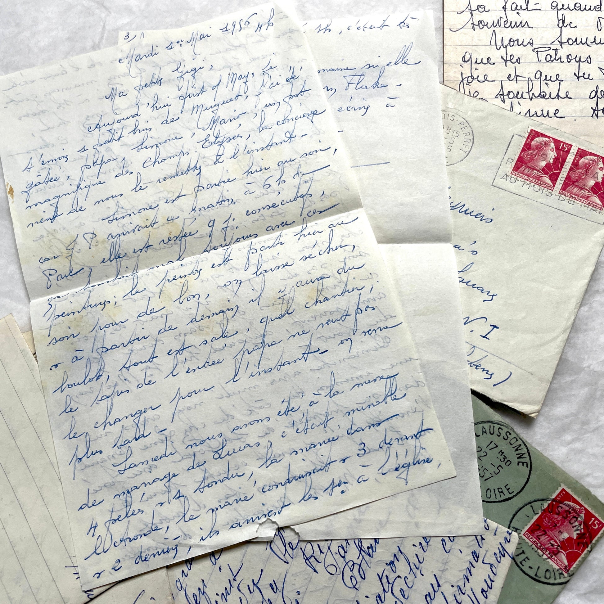 1950s French handwritten letters lot with envelopes and postage stamps, vintage paper ephemera collection.