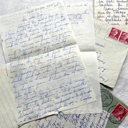 1950s French handwritten letters lot with envelopes and postage stamps, vintage paper ephemera collection.