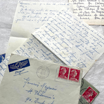 1950s French handwritten letters lot with envelopes and postage stamps, vintage paper ephemera collection.