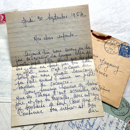 1950s French handwritten letters lot with envelopes and postage stamps, vintage paper ephemera collection.