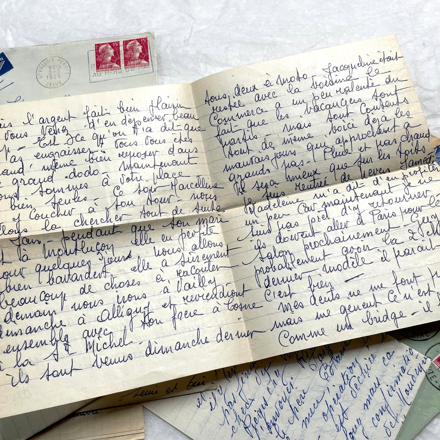 1950s French handwritten letters lot with envelopes and postage stamps, vintage paper ephemera collection.