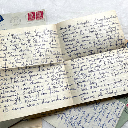 1950s French handwritten letters lot with envelopes and postage stamps, vintage paper ephemera collection.