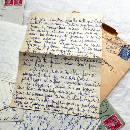 1950s French handwritten letters lot with envelopes and postage stamps, vintage paper ephemera collection.