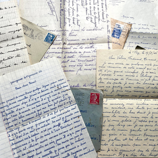 Vintage 1950s French letters lot with handwritten text, stamps, and postmarked envelopes.