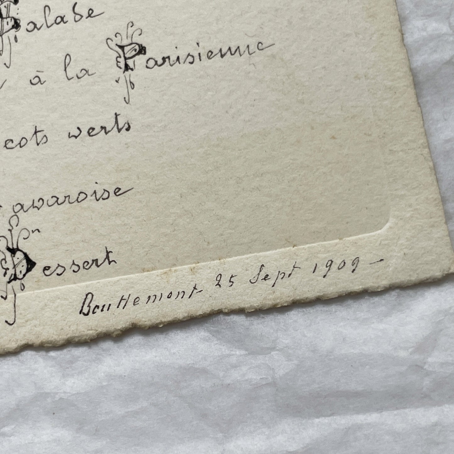 1900s - Exquisite French Menu - Hand-Written Elegant Dining Card - September 25, 1909 - Formal Meal Presentation