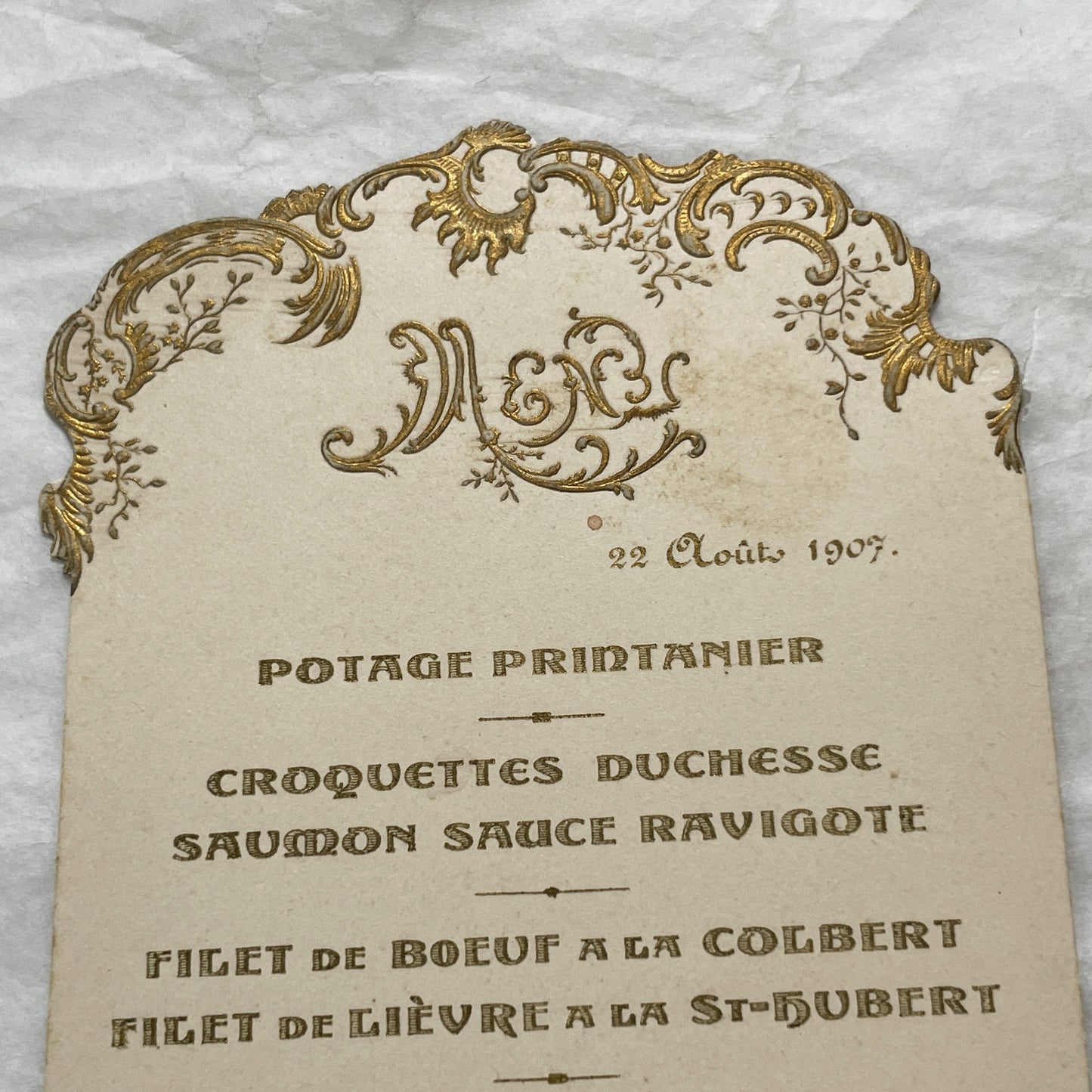 1900s - Elegant French Menu from 1907 - Ornate Gold Design - Classic Dinner Course - Historical Culinary Ephemera - Belle Époque Dining