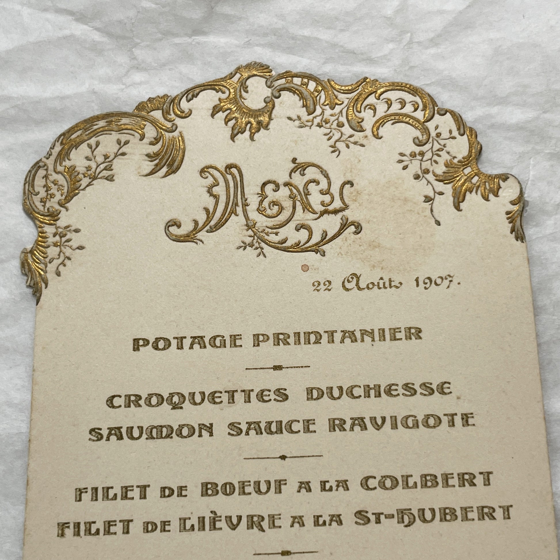1900s - Elegant French Menu from 1907 - Ornate Gold Design - Classic Dinner Course - Historical Culinary Ephemera - Belle Époque Dining