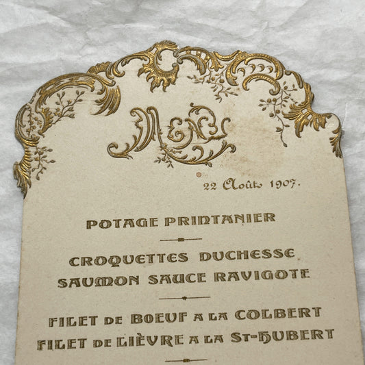 1900s - Elegant French Menu from 1907 - Ornate Gold Design - Classic Dinner Course - Historical Culinary Ephemera - Belle Époque Dining