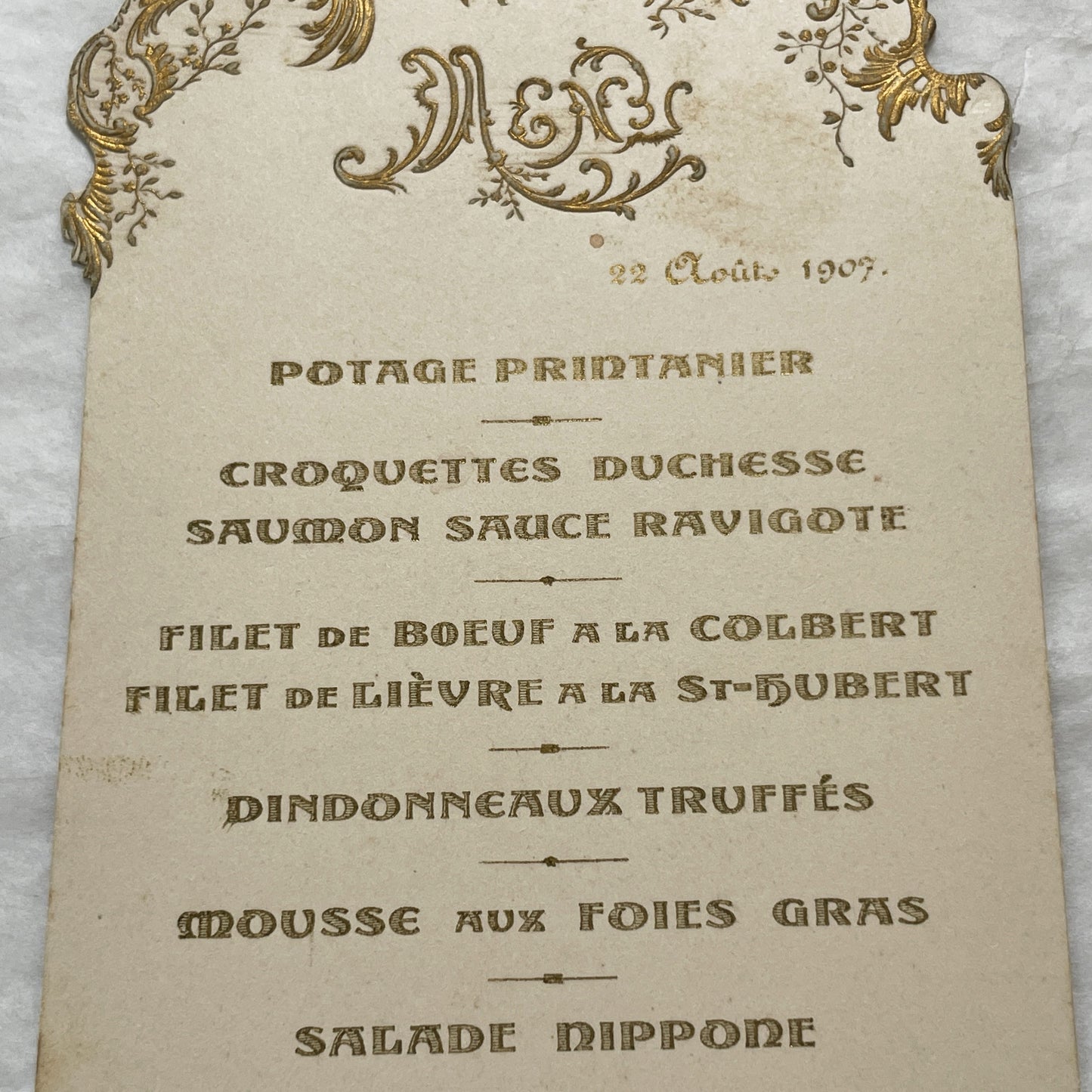 1900s - Elegant French Menu from 1907 - Ornate Gold Design - Classic Dinner Course - Historical Culinary Ephemera - Belle Époque Dining