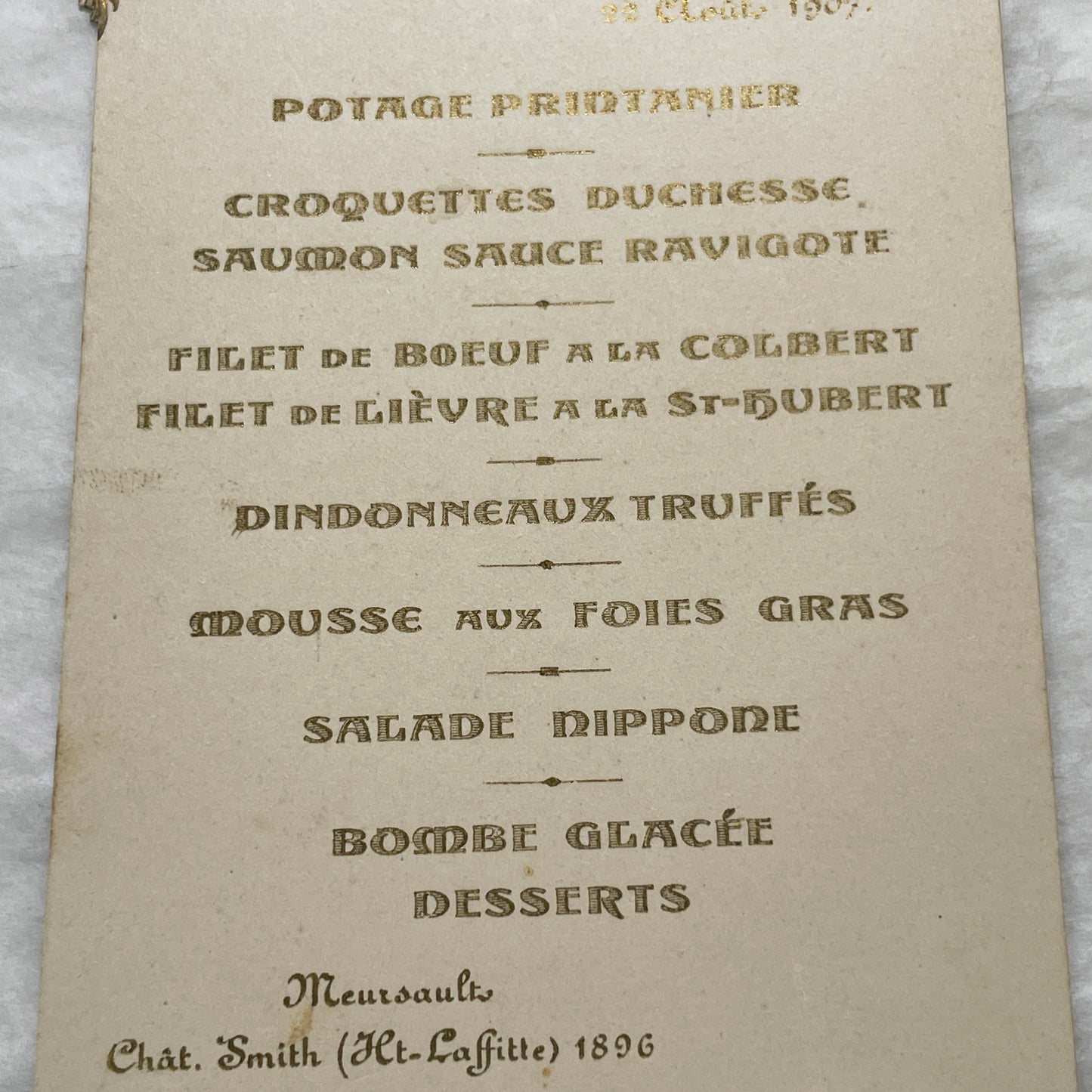 1900s - Elegant French Menu from 1907 - Ornate Gold Design - Classic Dinner Course - Historical Culinary Ephemera - Belle Époque Dining