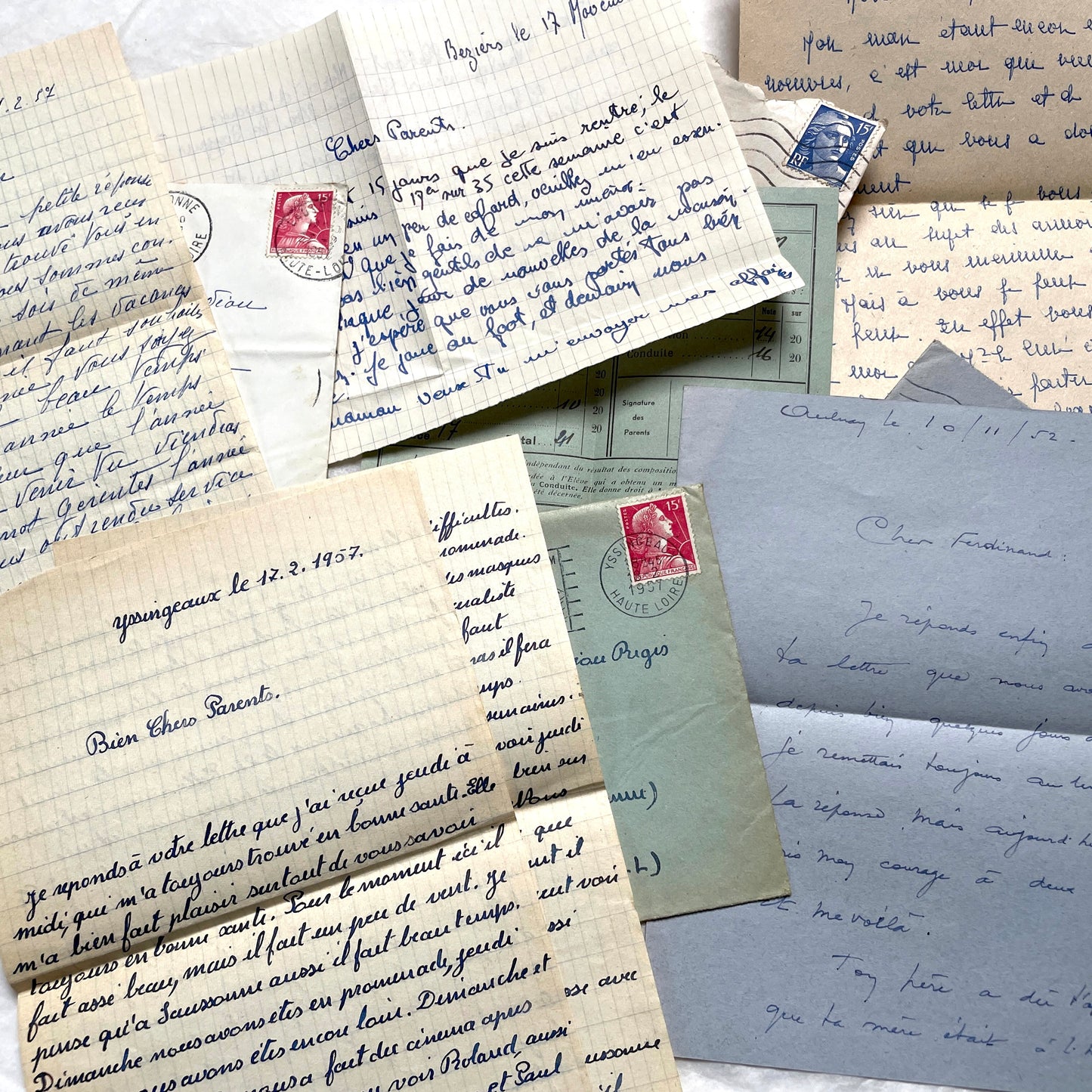 Set of 5 1950s French handwritten letters and envelopes with period stamps, showing family correspondence.