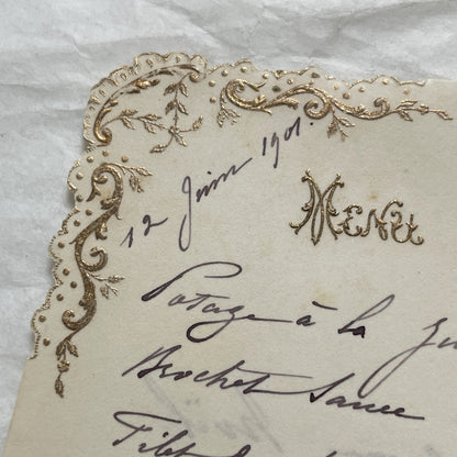 1900s - Antique French Menu Card - Elegant Handwritten Dinner Service Offering Gourmet Cuisine - June 12, 1901