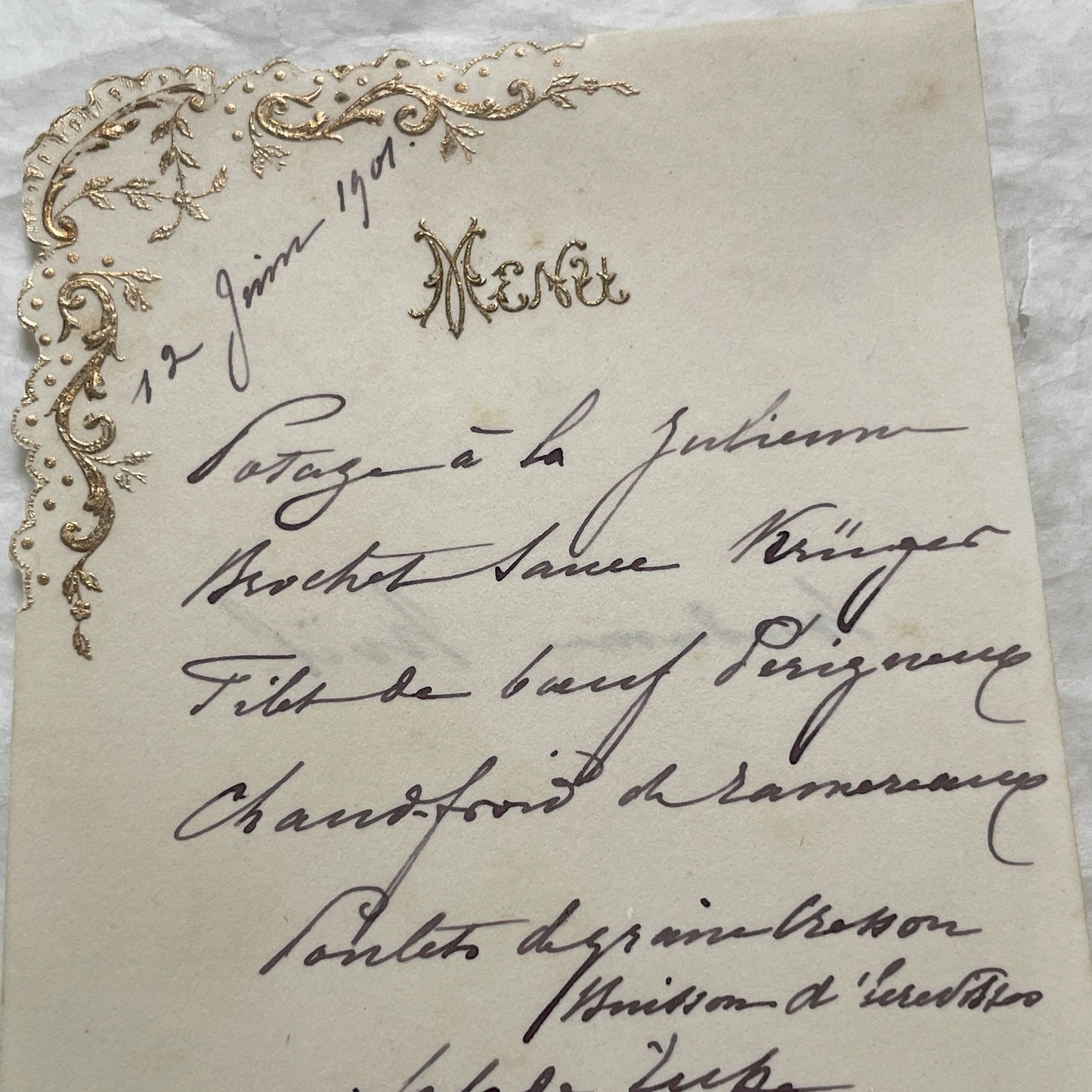 1900s - Antique French Menu Card - Elegant Handwritten Dinner Service Offering Gourmet Cuisine - June 12, 1901
