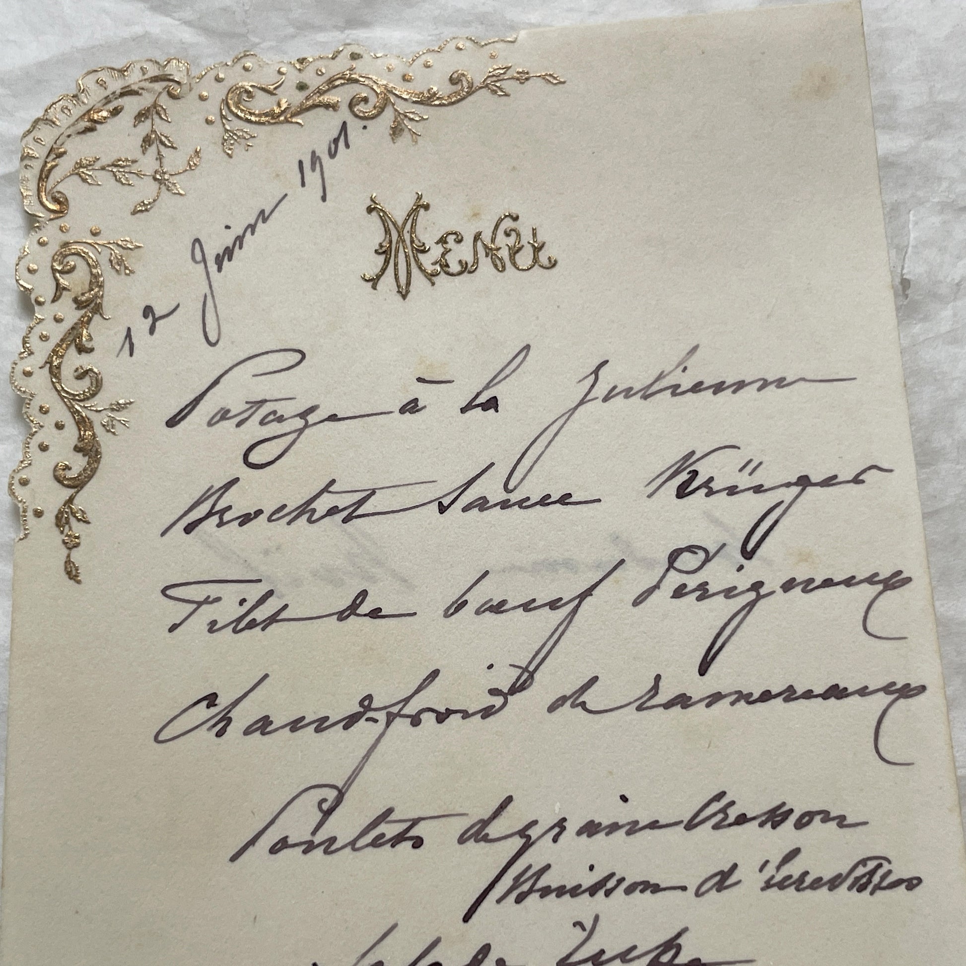 1900s - Antique French Menu Card - Elegant Handwritten Dinner Service Offering Gourmet Cuisine - June 12, 1901