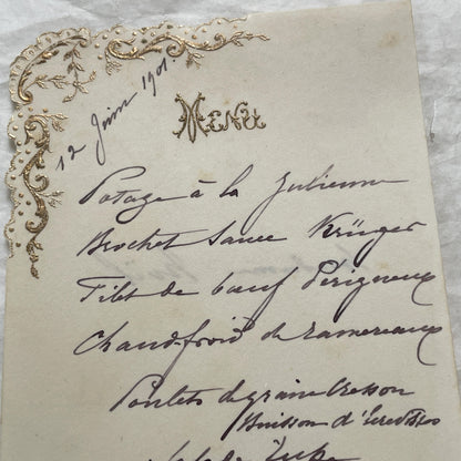 1900s - Antique French Menu Card - Elegant Handwritten Dinner Service Offering Gourmet Cuisine - June 12, 1901