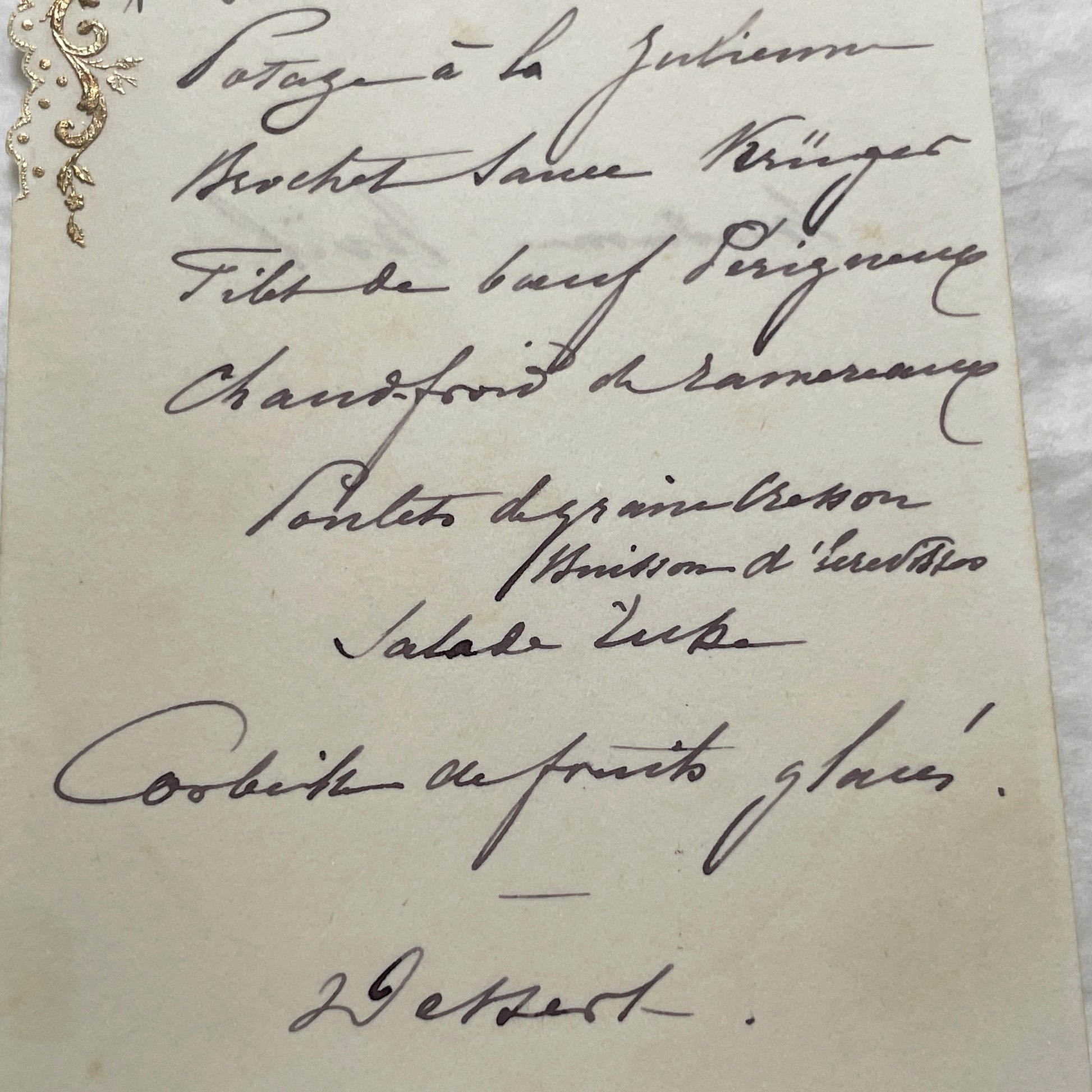 1900s - Antique French Menu Card - Elegant Handwritten Dinner Service Offering Gourmet Cuisine - June 12, 1901