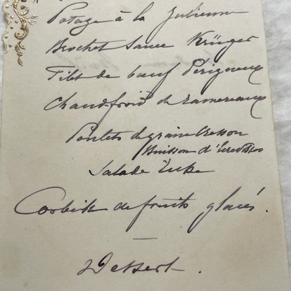 1900s - Antique French Menu Card - Elegant Handwritten Dinner Service Offering Gourmet Cuisine - June 12, 1901