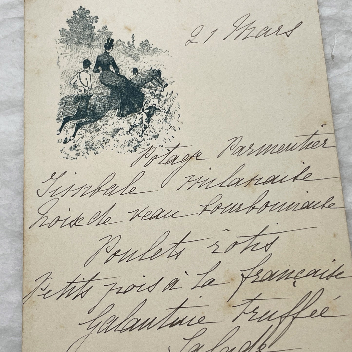 1900s - Vintage French Menu Card with Elegant Handwritten Dinner Selections - Classic Cuisine - Equestrian Illustration - March 21st