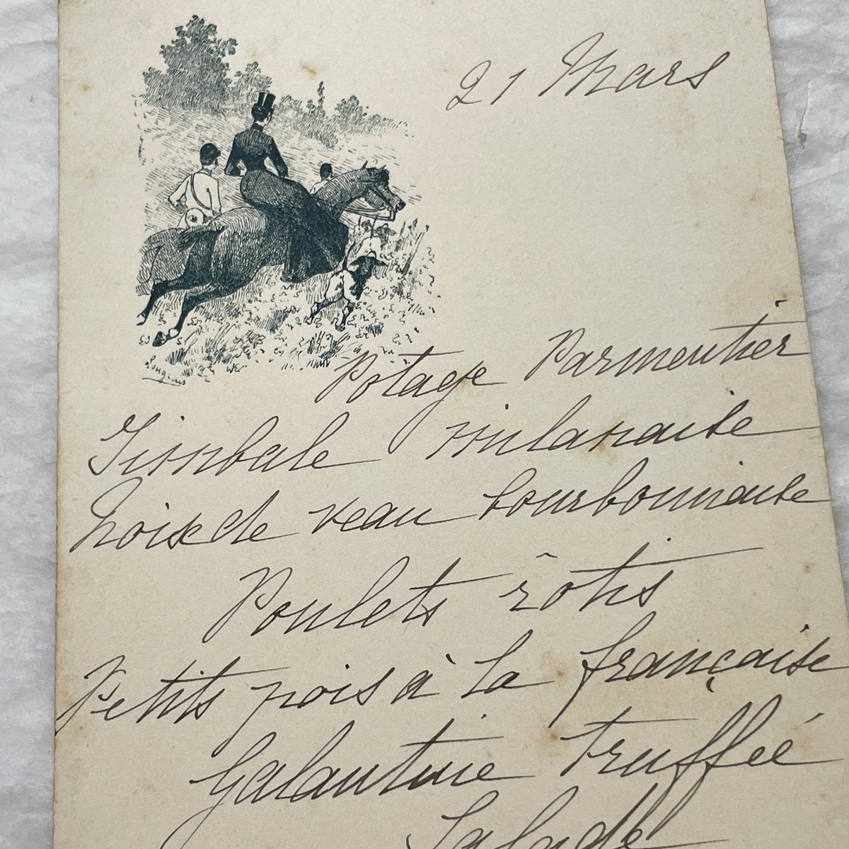 1900s - Vintage French Menu Card with Elegant Handwritten Dinner Selections - Classic Cuisine - Equestrian Illustration - March 21st