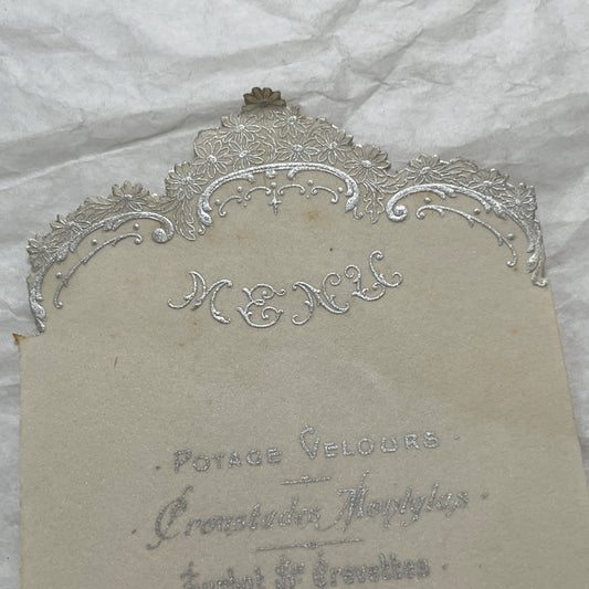 1900s - Exquisite Antique French Dining Menu Card from Paris - Gourmet French Cuisine - Elegant Silver Embossed Vintage Dinner Program
