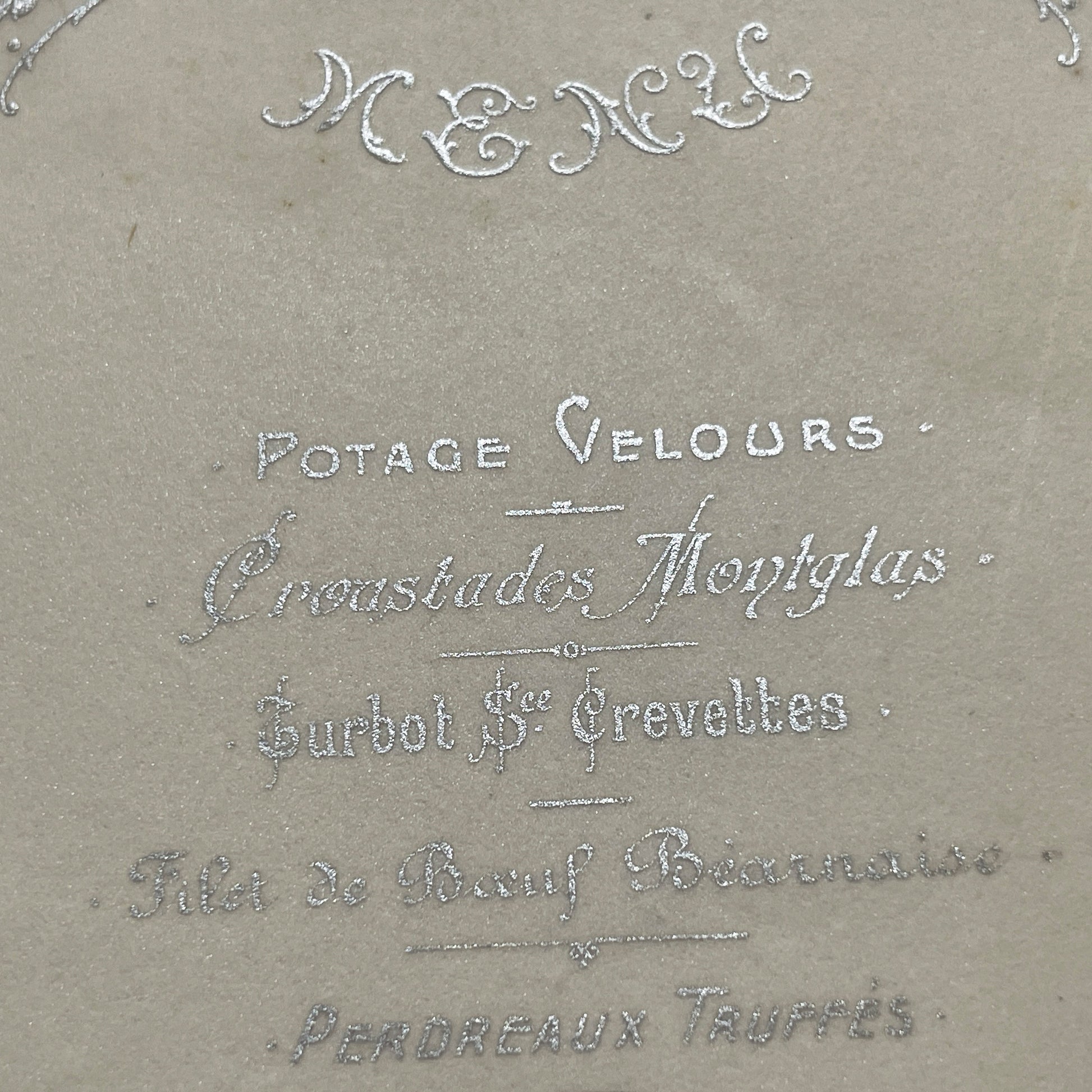 1900s - Exquisite Antique French Dining Menu Card from Paris - Gourmet French Cuisine - Elegant Silver Embossed Vintage Dinner Program