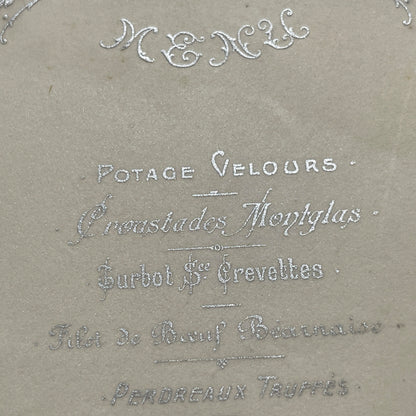 1900s - Exquisite Antique French Dining Menu Card from Paris - Gourmet French Cuisine - Elegant Silver Embossed Vintage Dinner Program