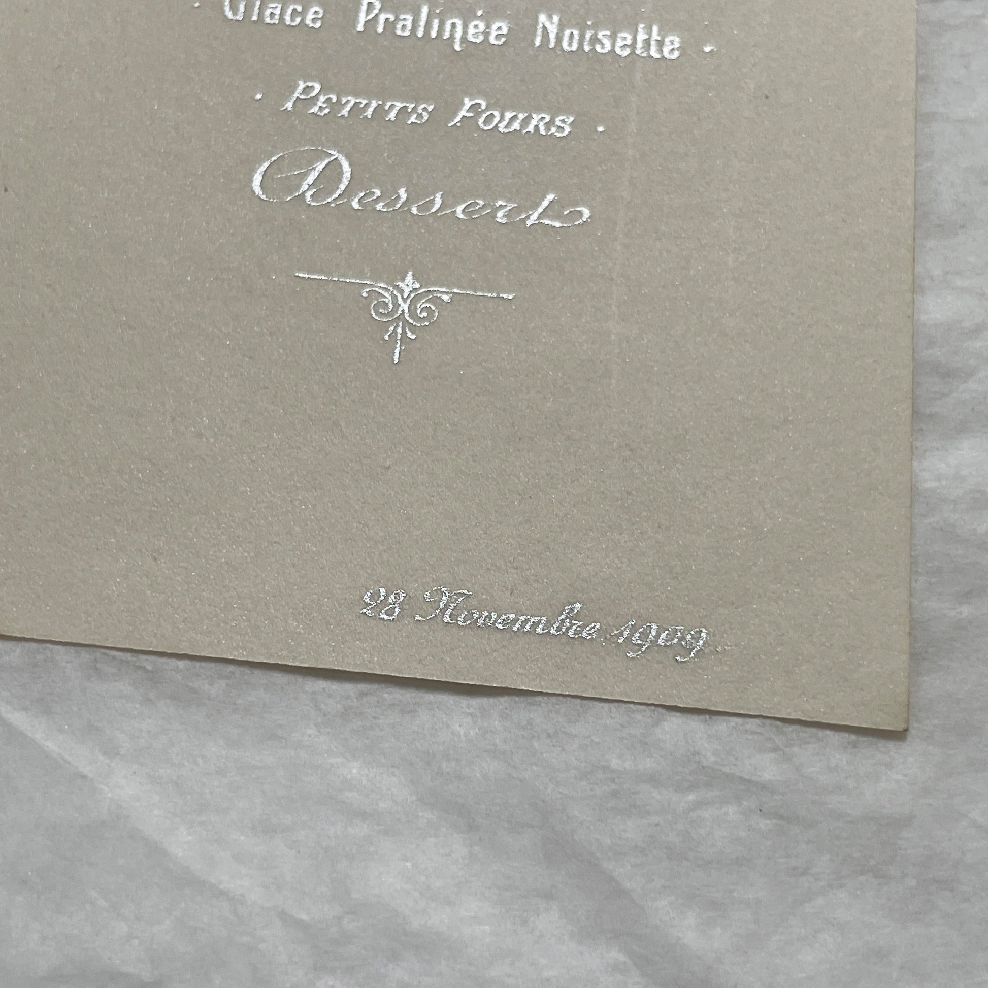 1900s - Exquisite Antique French Dining Menu Card from Paris - Gourmet French Cuisine - Elegant Silver Embossed Vintage Dinner Program